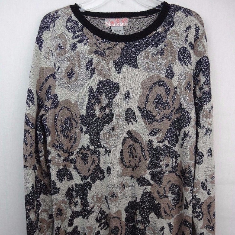 Nouveaux Pullover Sweater Floral Pattern Black Lg
